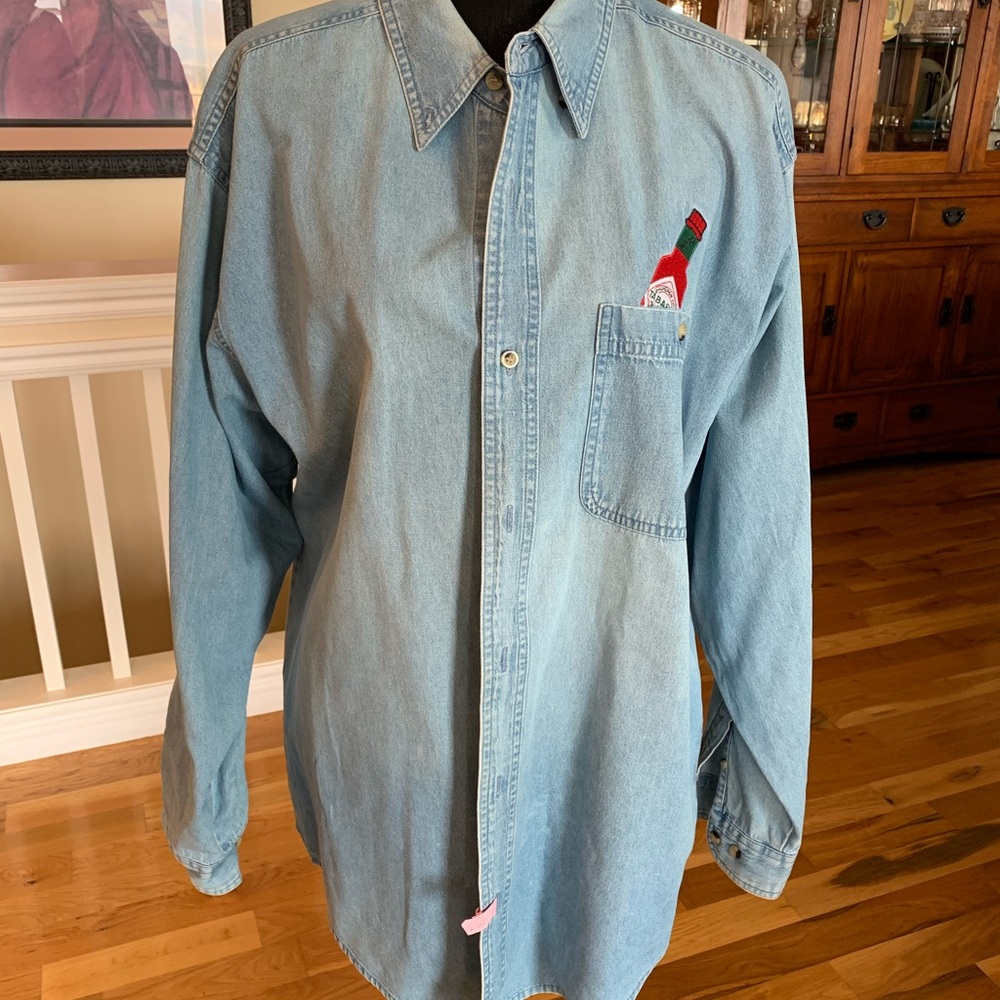 Light Blue Tobasco Denim Button-Down Shirt with Embroidered Pocket Detail